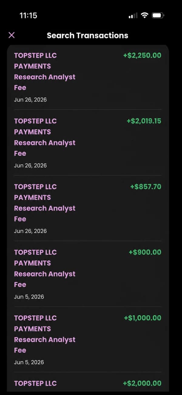 Phone banking screen listing Topstep payments: $2,250.00, $2,019.15, $857.70, $900.00, $1,000.00 and $2,000.00 in June 2026.