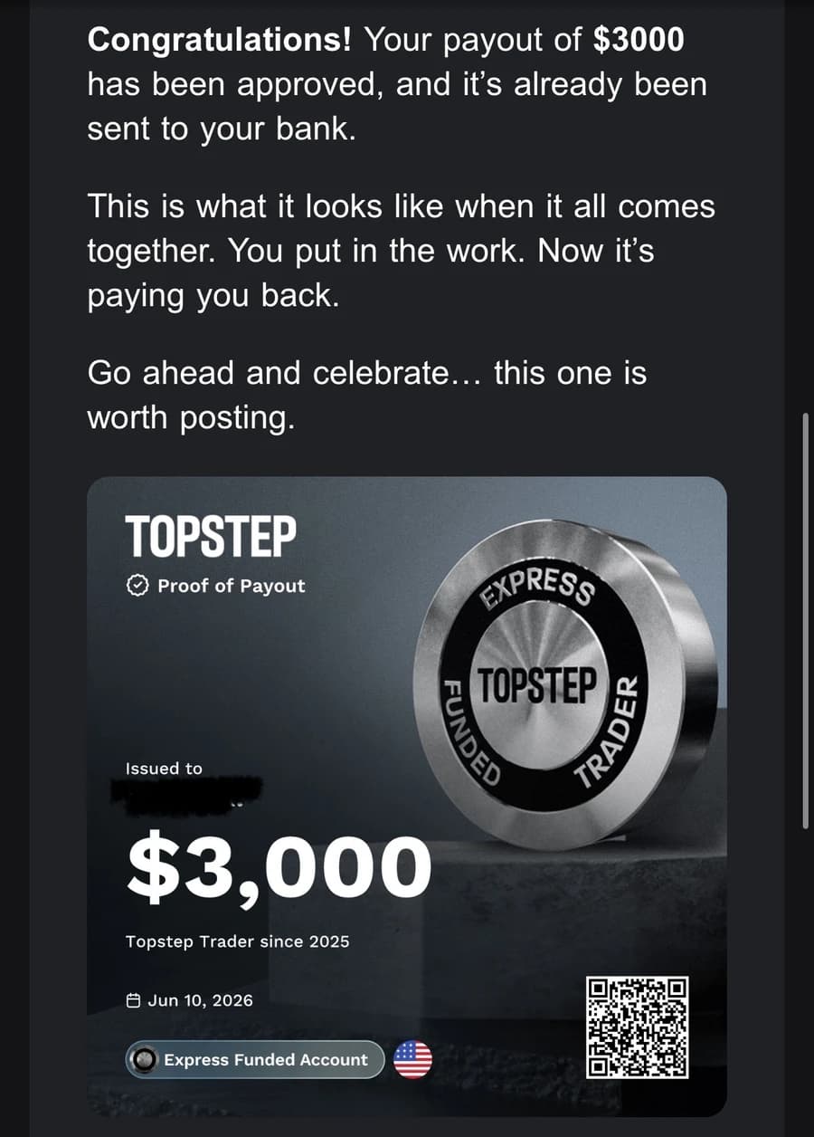 Topstep payout approval: $3,000 sent to bank, proof of payout dated June 10, 2026.