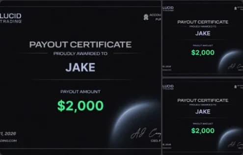 Three Lucid Trading payout certificates awarded to Jake, $2,000 each.